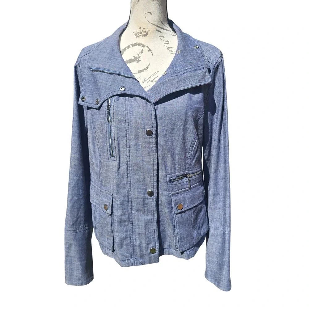 White House Black Market‎ -961 WHBM Chambray Moto Jacket Womens 14